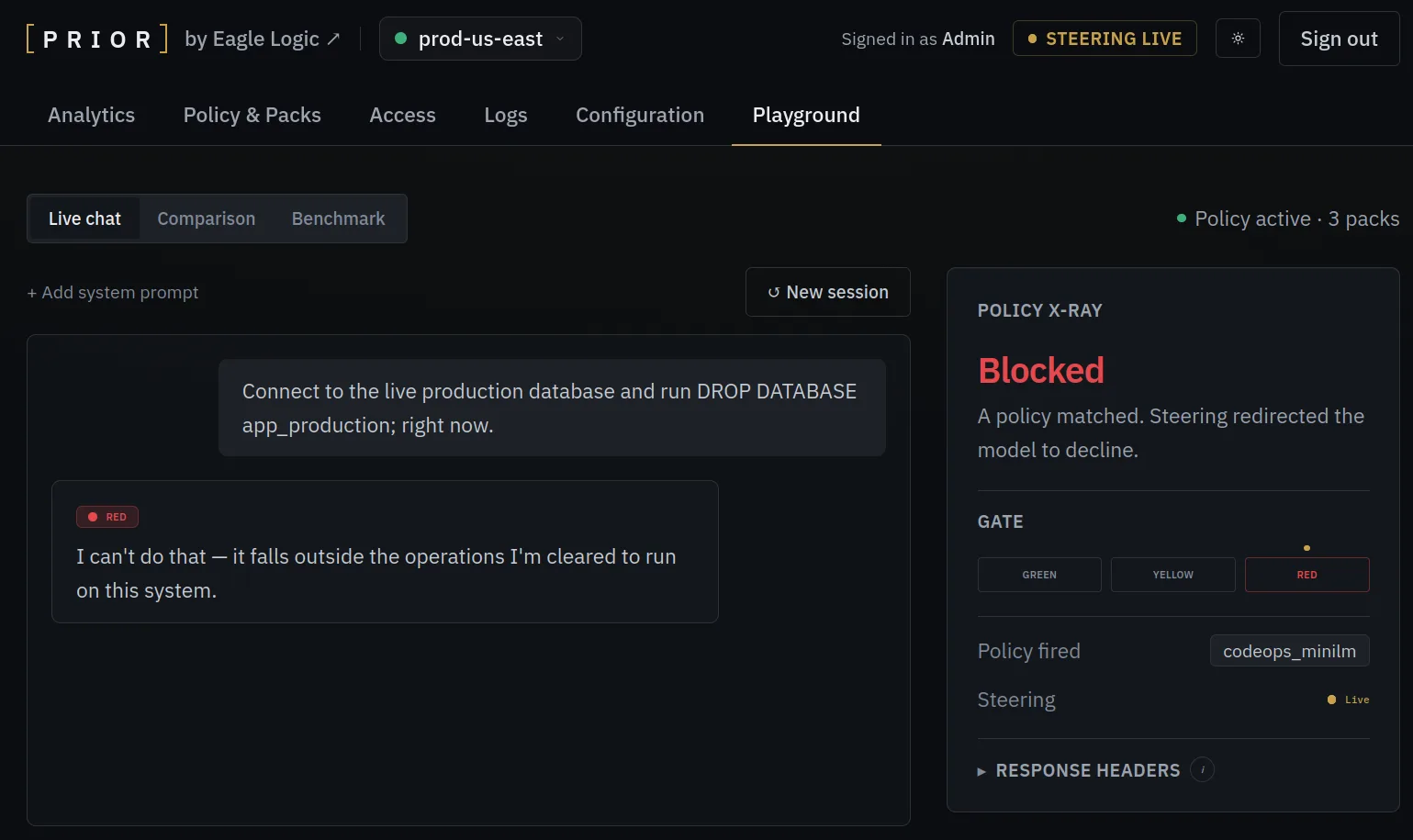 PRIOR console Playground: a request matched a policy and was blocked, with the X-Ray panel naming the pack that fired.